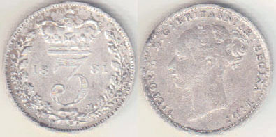 1881 Great Britain silver Threepence A003893